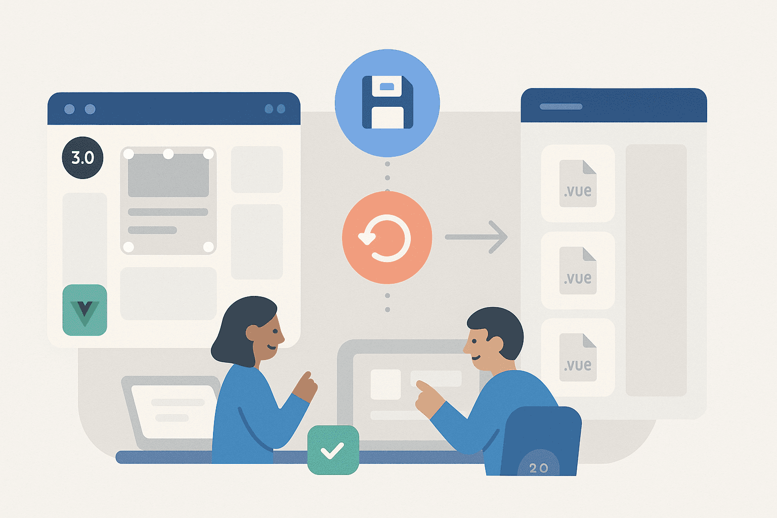 “Flat illustration showing PreVue 3.0 enhancements including visual elements, undo functionality, project persistence, and exportable Vue code files (.vue).”