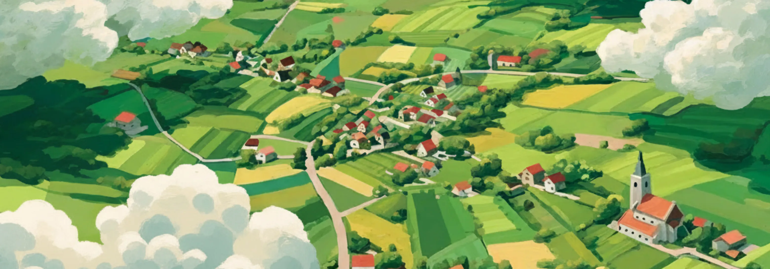 Illustration of a relaxing landscape with fields and clouds