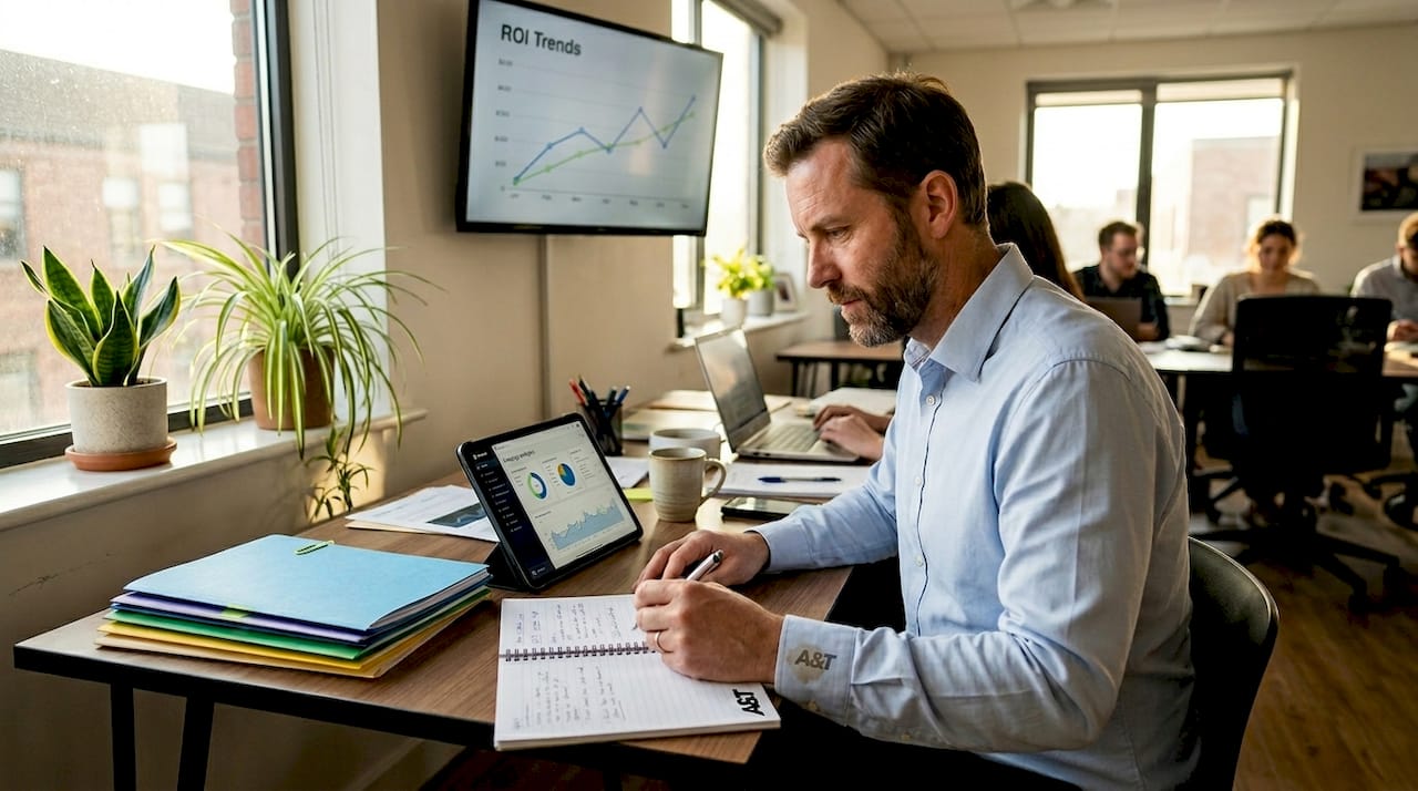 Business owner reviews digital ad analytics