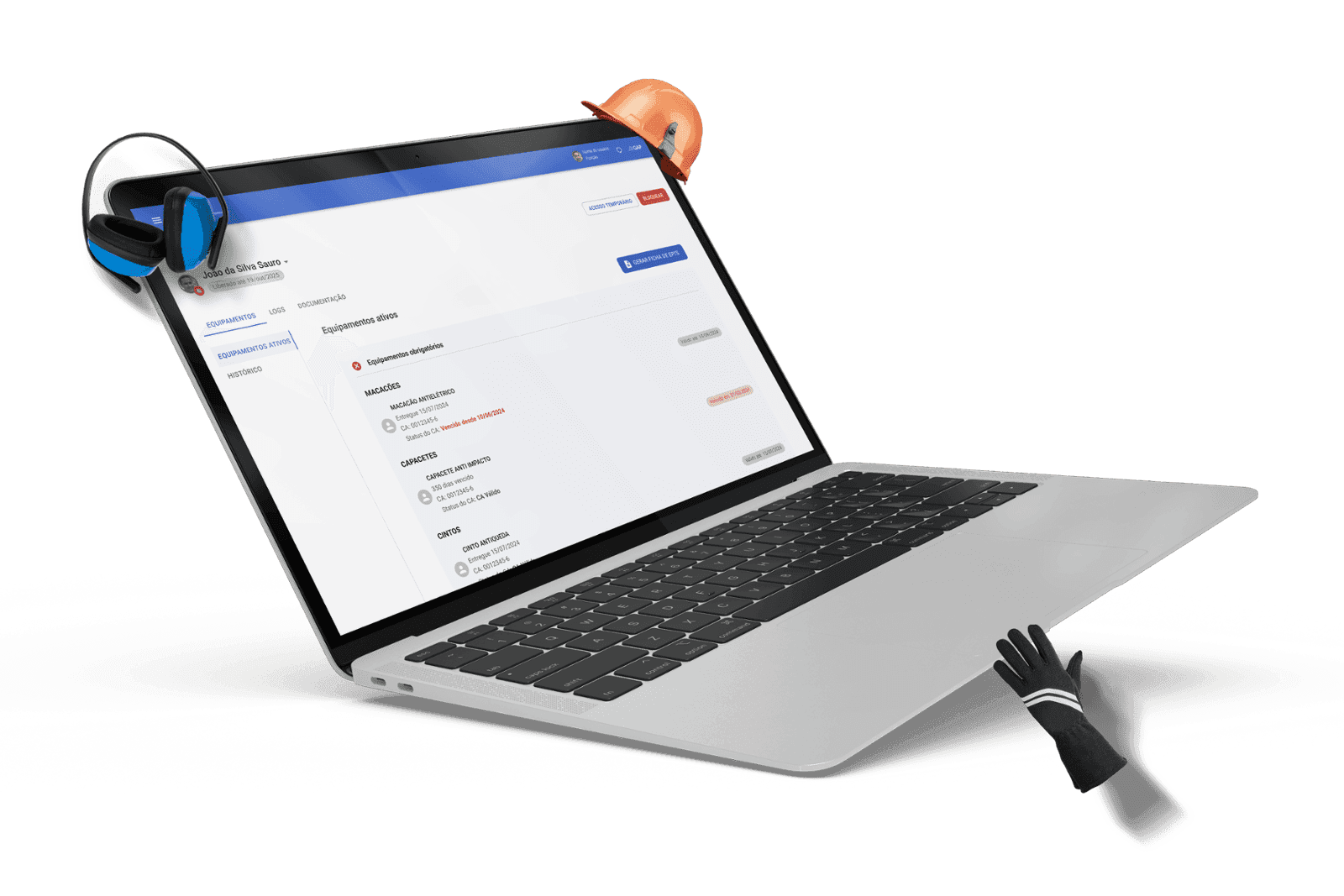 Computador mostrando tela do sistema da GAP, como ícones auxiliares aparecem na imagem: capacete, luva e abafador auricular
