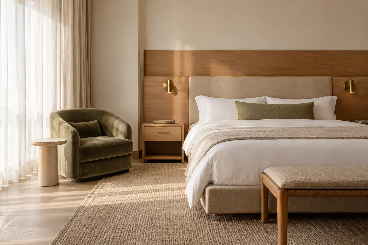 Renovated hotel guestroom with an oak headboard wall, brass reading lights and a moss velvet lounge chair