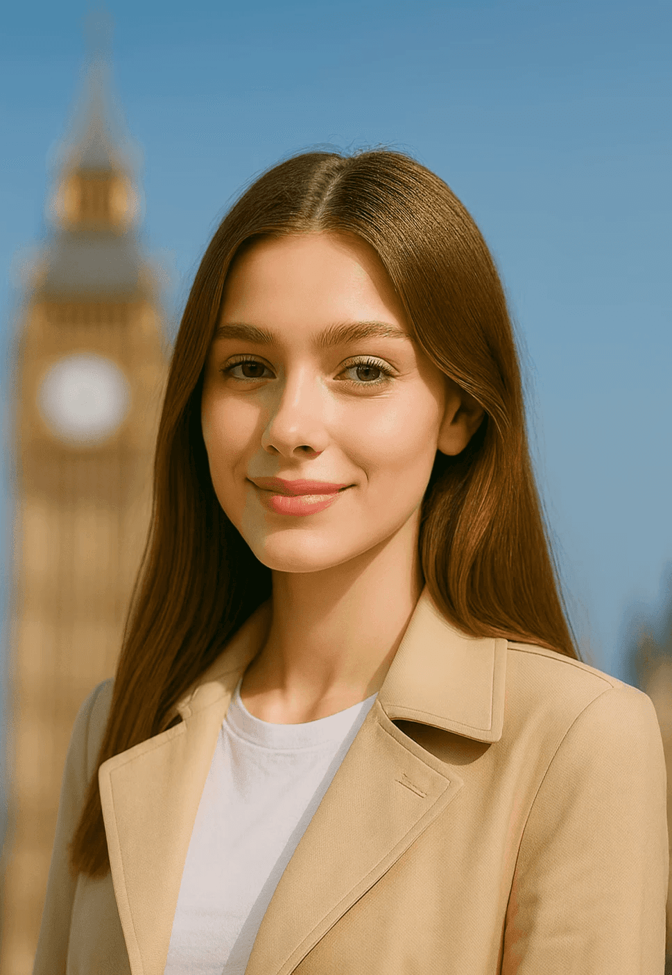 Rachel Carter, smiling young woman in a beige trench coat standing near Big Ben on a clear blue day, representing confidence and professionalism in English teaching.