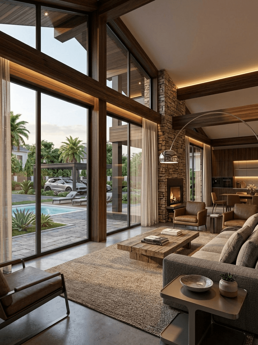 Modern living room with stone fireplace & large windows overlooking pool.