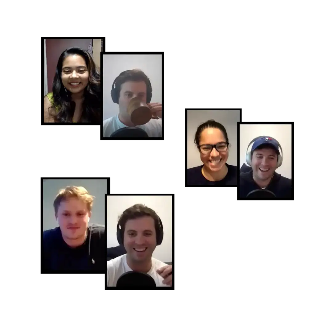 A collage of multiple faces in separate frames, smiling and interacting against a dark background.