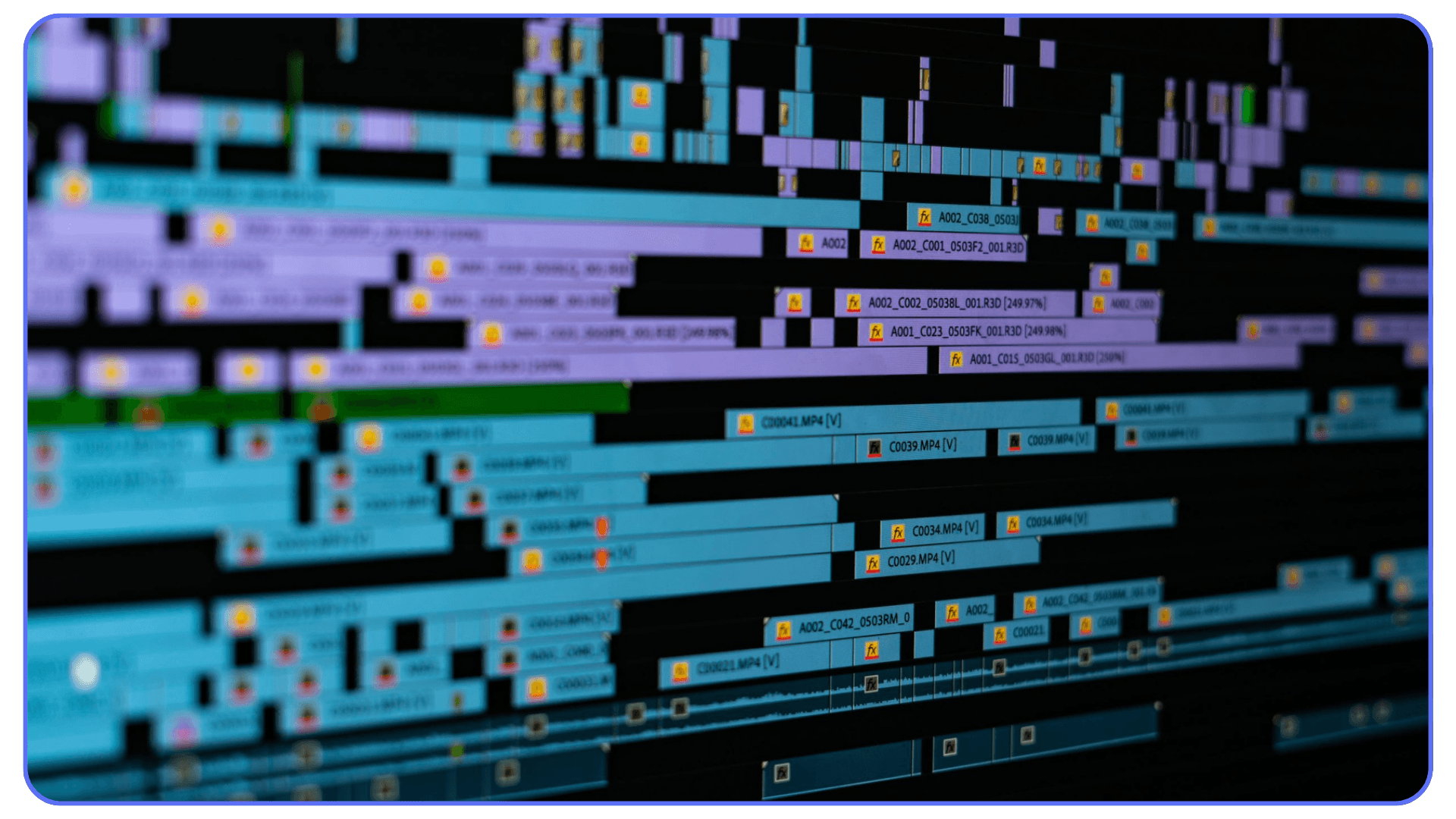 Complex video editing timeline with multiple tracks, clips, and markers layered across a long sequence