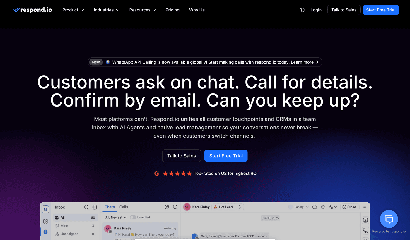 respond.io landing page: unifies chat, calls and email in one team inbox, customer conversation management