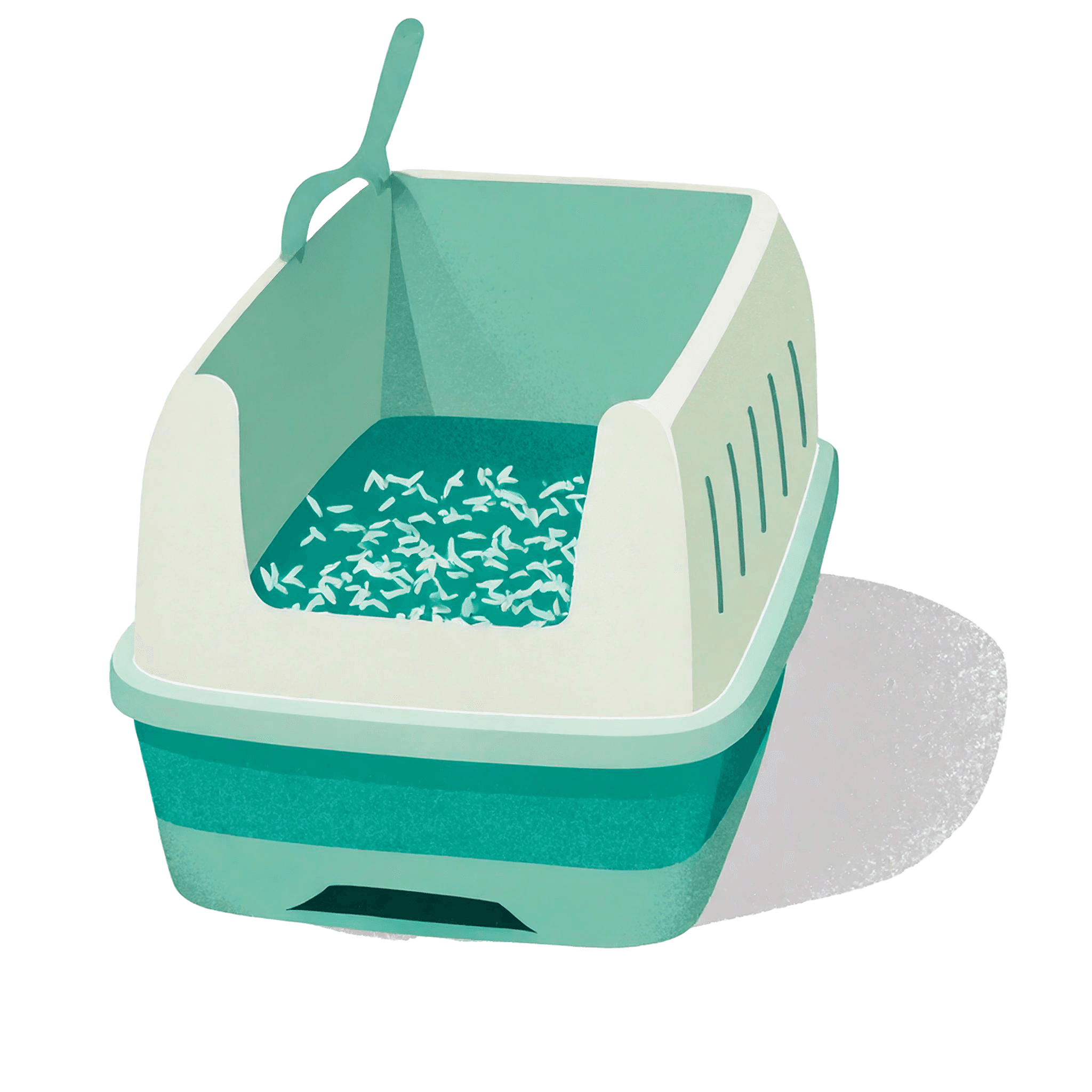 A teal and cream plastic A Treasured Pals Premium Sifting Litter System  with a high back and a handle is filled with blue and white litter pellets.