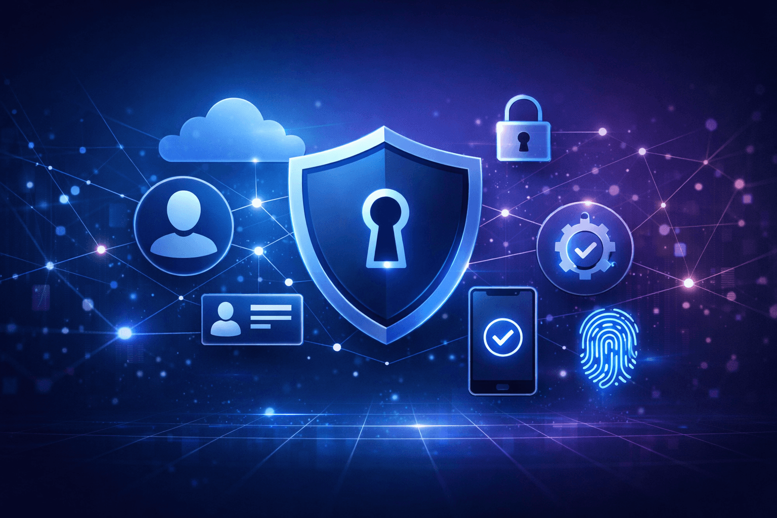 Illustration of secure identity and access management with shield protection, user authentication icons, and cloud network representing Okta security solutions.