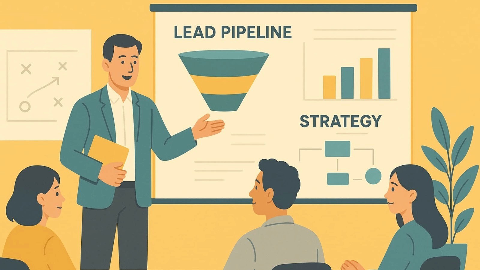Illustration of a business presentation on lead generation strategy and its impact on revenue growth.