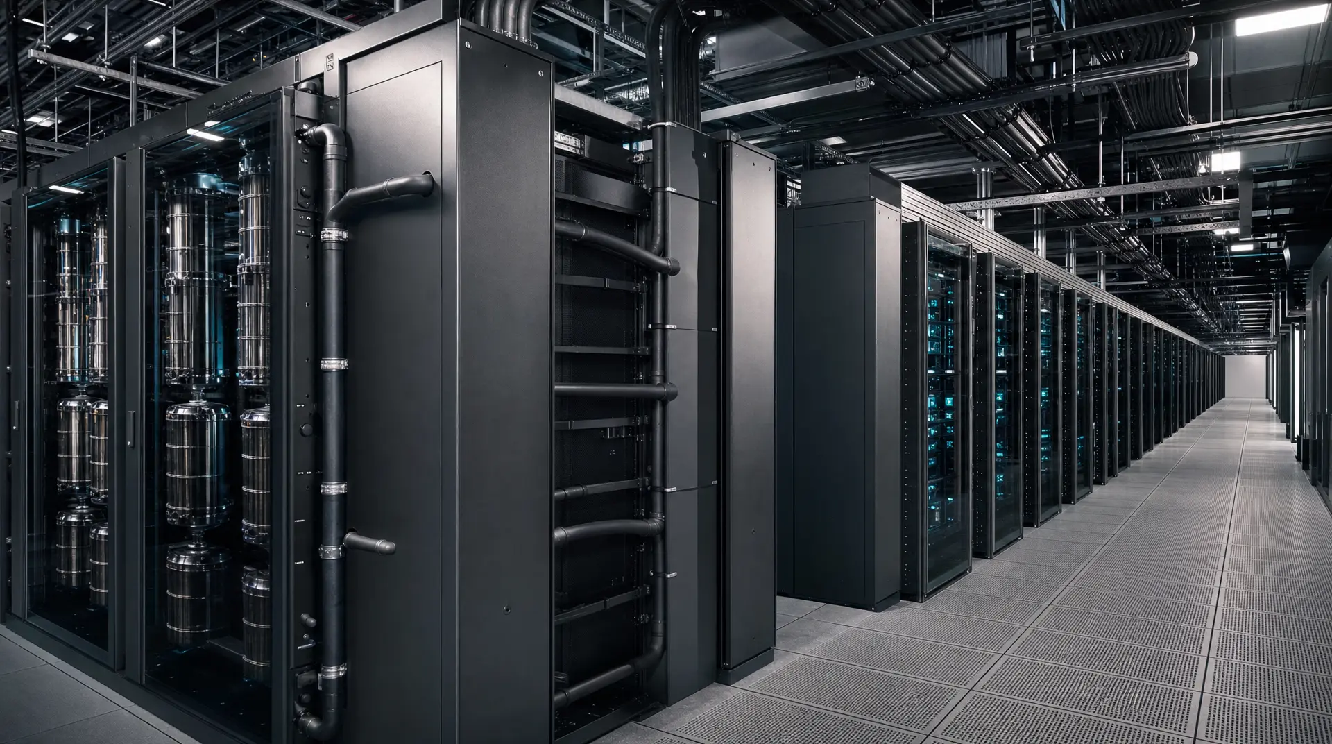 Rows of dark server cabinets and cooling pipes in a data center corridor, aligned with b2b tech marketing fundamentals for infrastructure buyers.