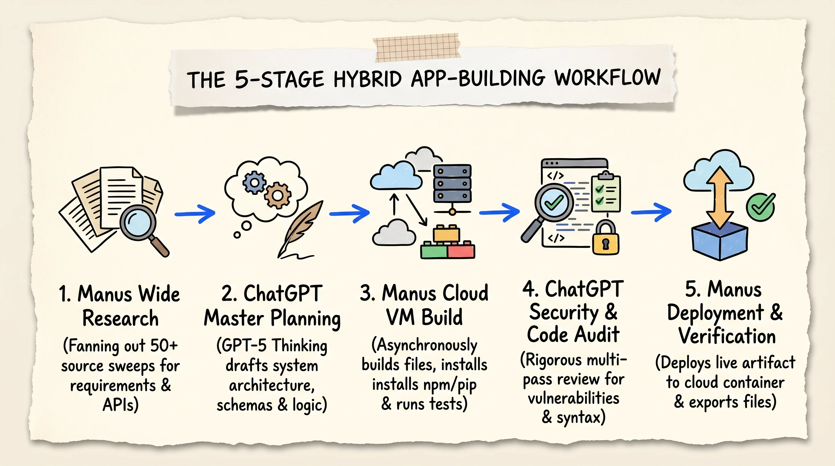 Scrapbook sequence diagram illustrating the 5 stage hybrid workflow pairing ChatGPT planning with Manus cloud VM execution