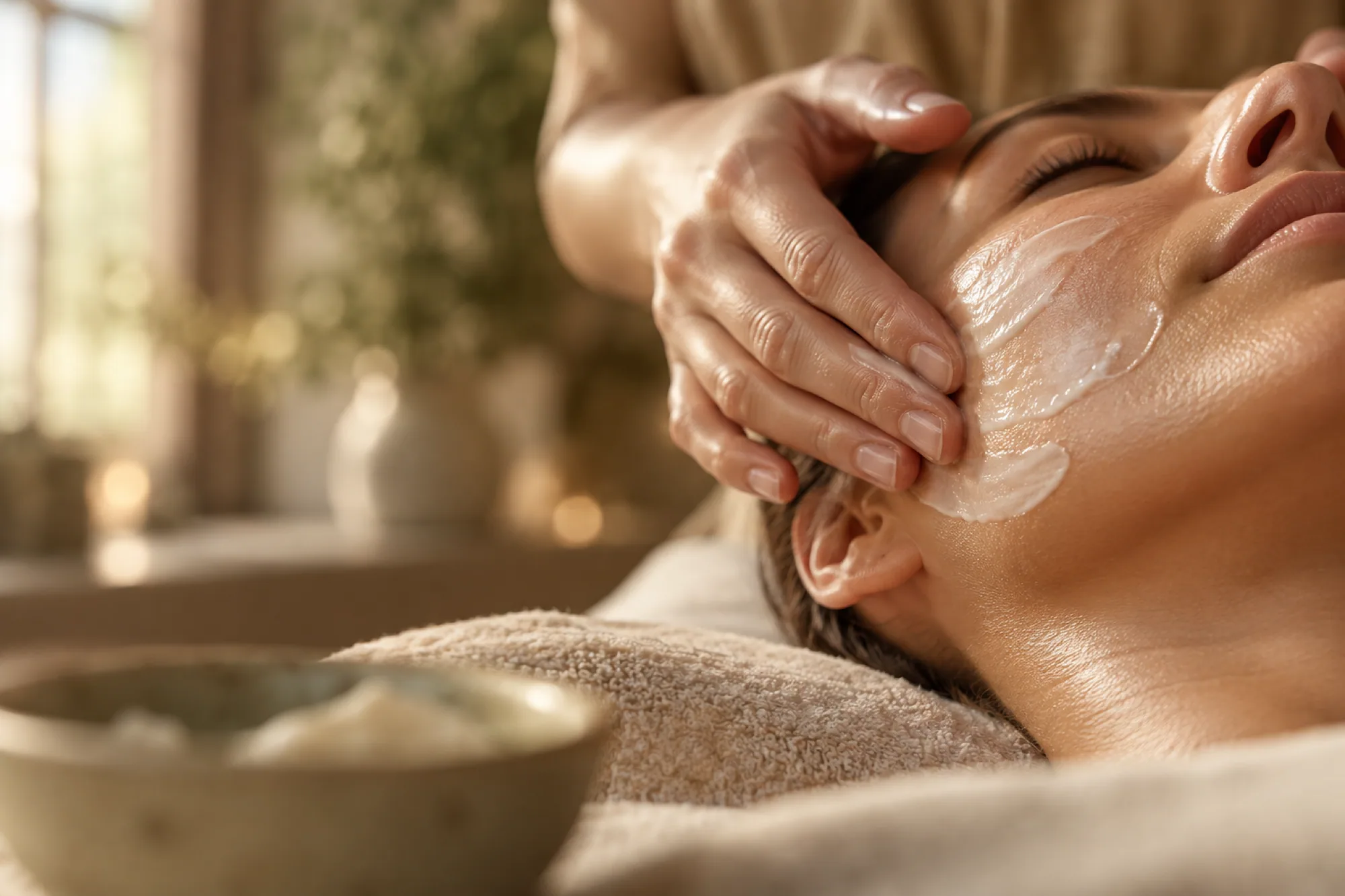 Hands applying cream to a client's cheek beside a ceramic bowl