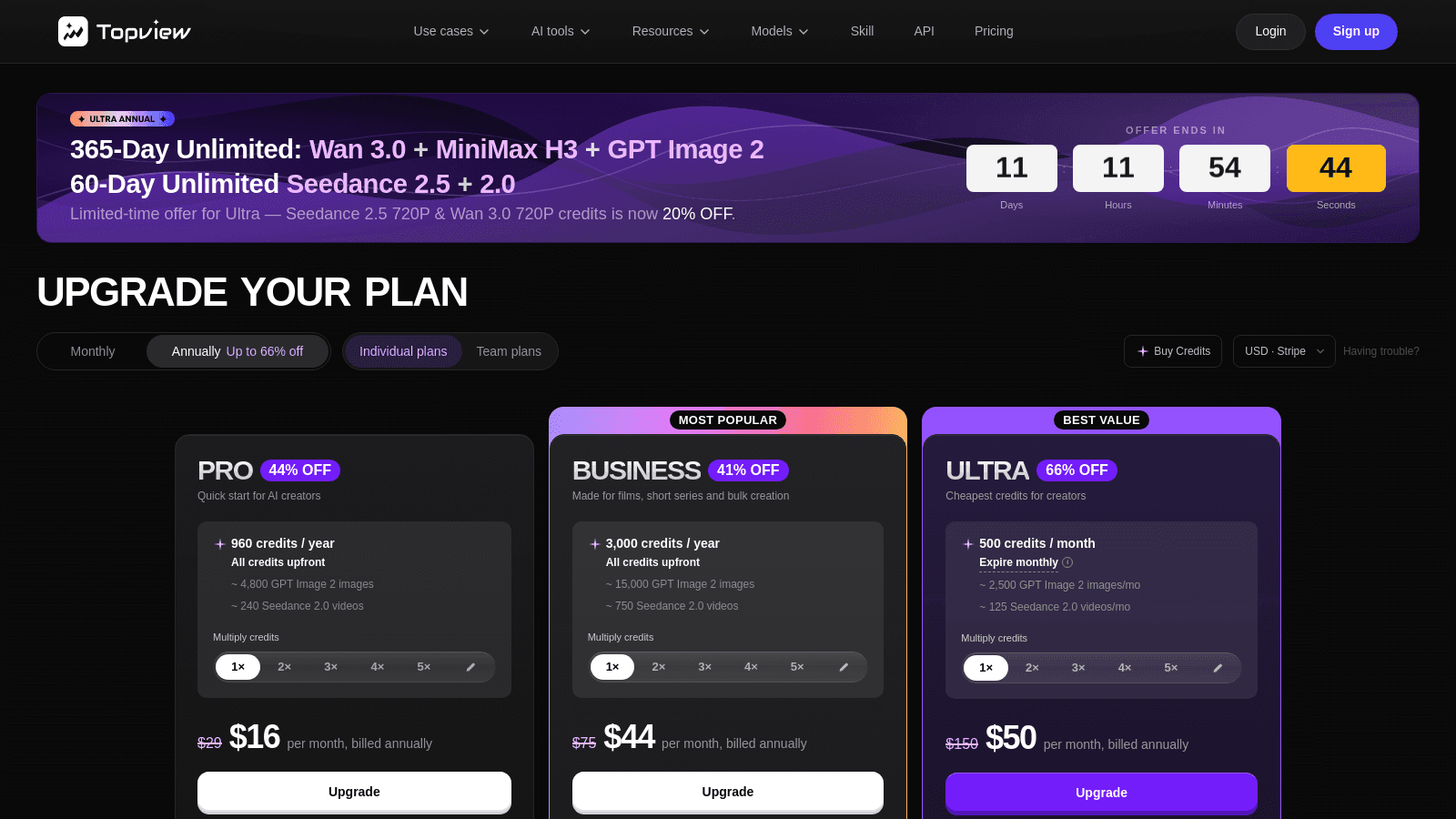 Topview AI pricing page featuring Pro, Business, and Ultra subscription plans with countdown timer and discounts.