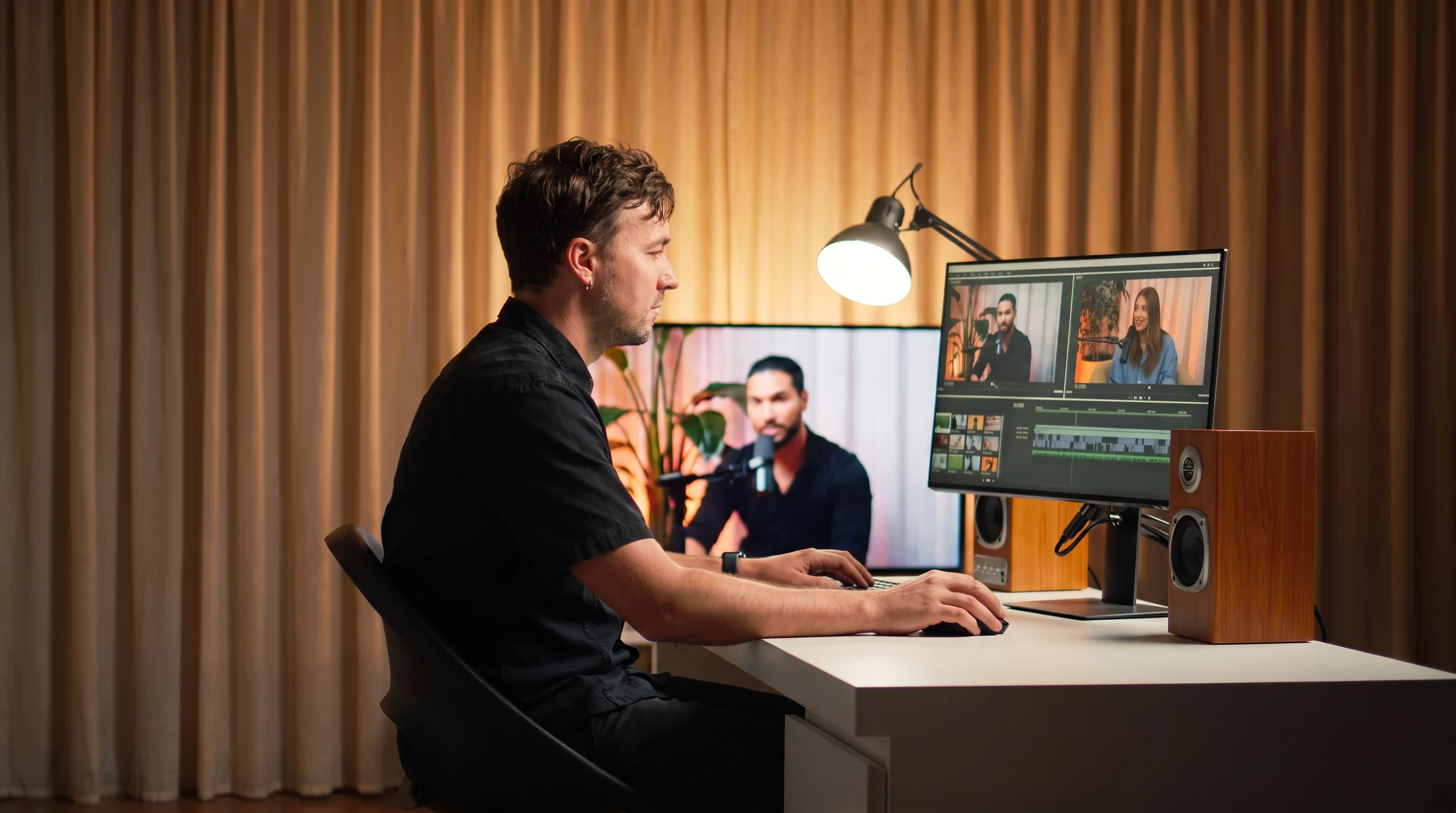 A video editor cutting an episode at a monitor in the foreground while a host records with a guest at the mic behind, in a warm curtain-lit studio