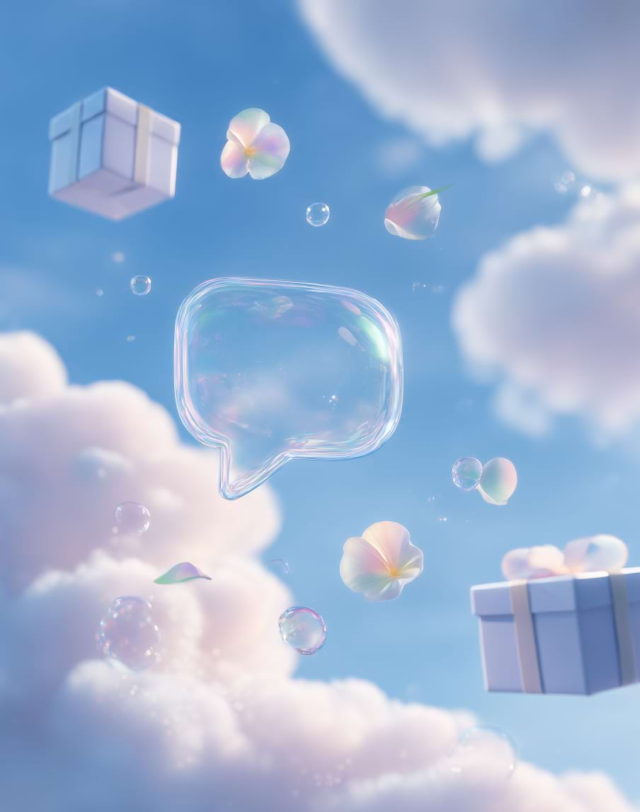 A serene sky scene with fluffy clouds and a transparent speech bubble floats. Pastel flowers and gift boxes hover, conveying a dreamy, whimsical tone.
