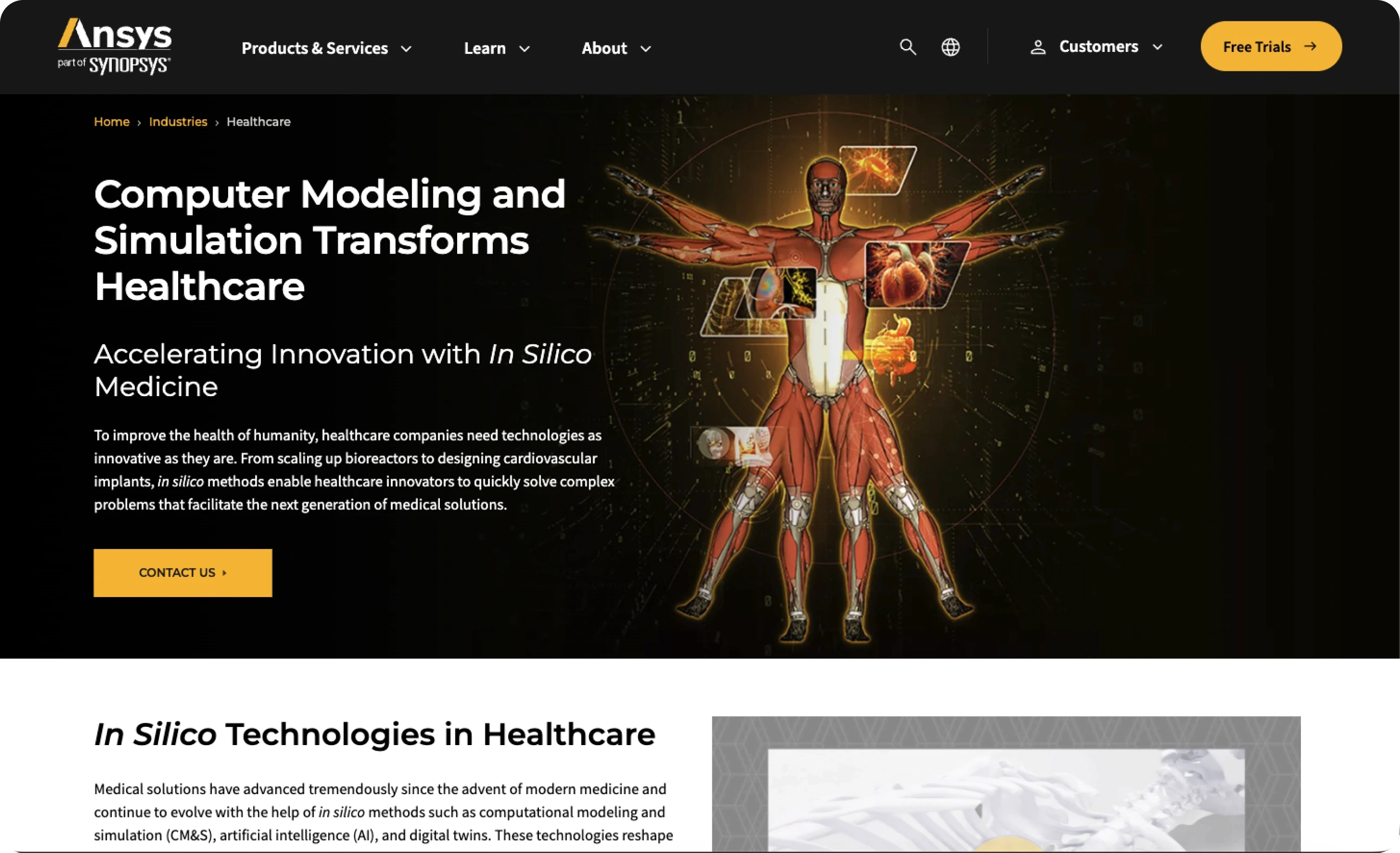 Ansys healthcare simulation platform page showing a digital human body model with anatomical overlays and organ detail, illustrating in silico computational modeling and simulation for medical device development