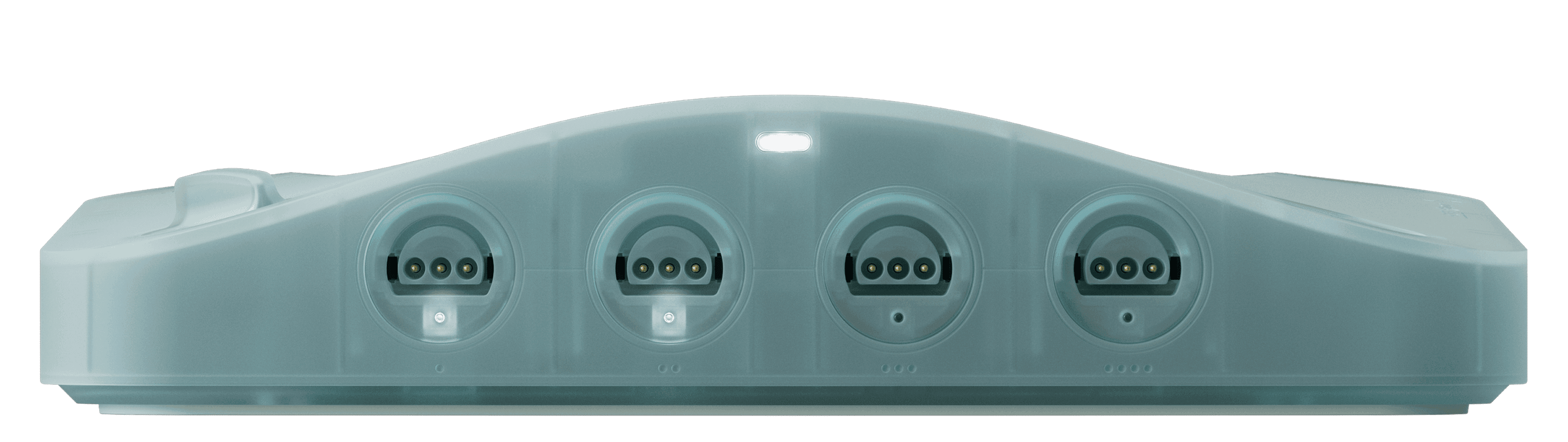 Analogue 3D N64 gaming console prototype, a translucent frosted console shown from the front with four controller ports.