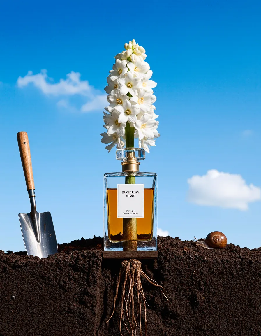 Creative still life showing white hyacinth flowers blooming from a perfume bottle planted in soil with exposed roots and a small gardening tool