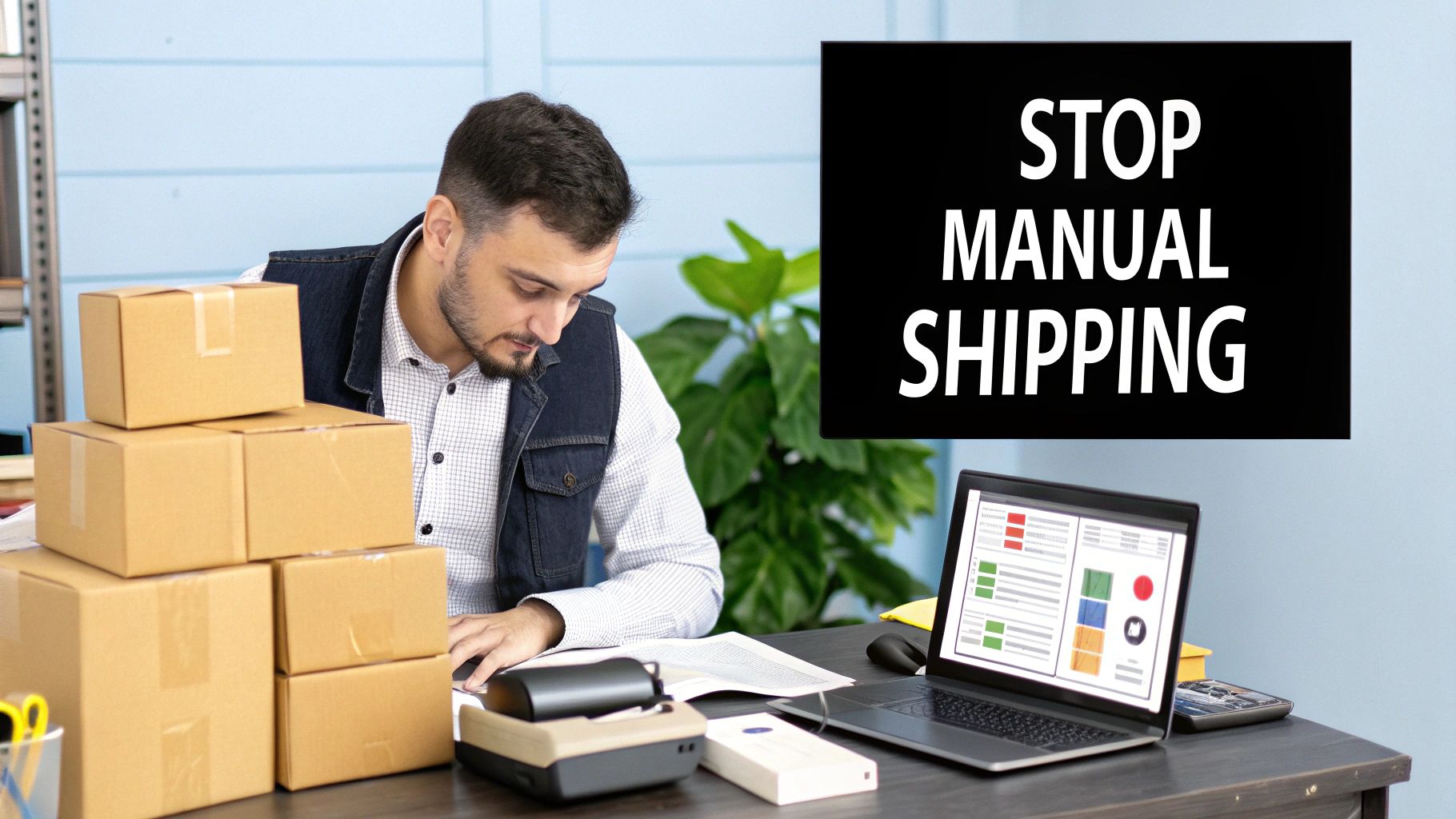 A person managing boxes for a small business, showing the manual shipping process.
