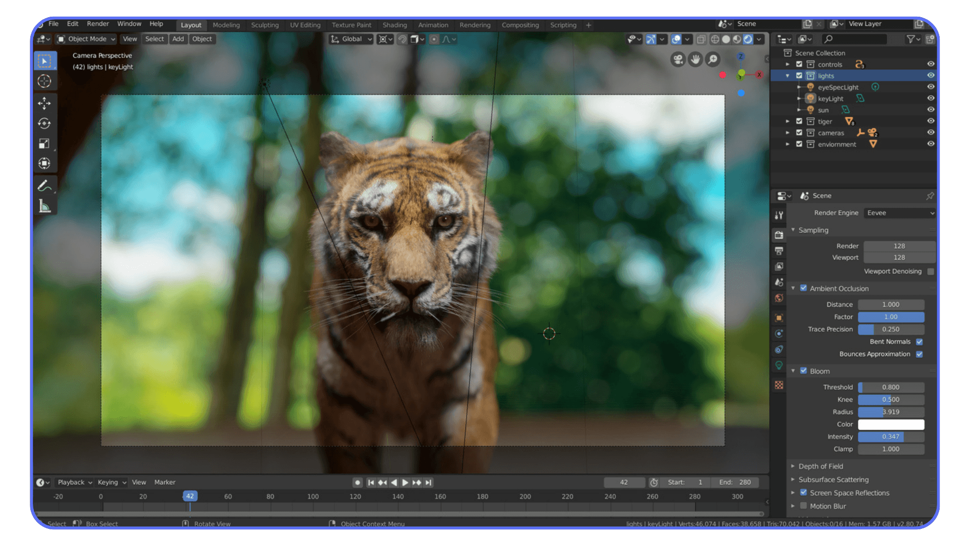 Photorealistic tiger render displayed in the Blender 3D interface
