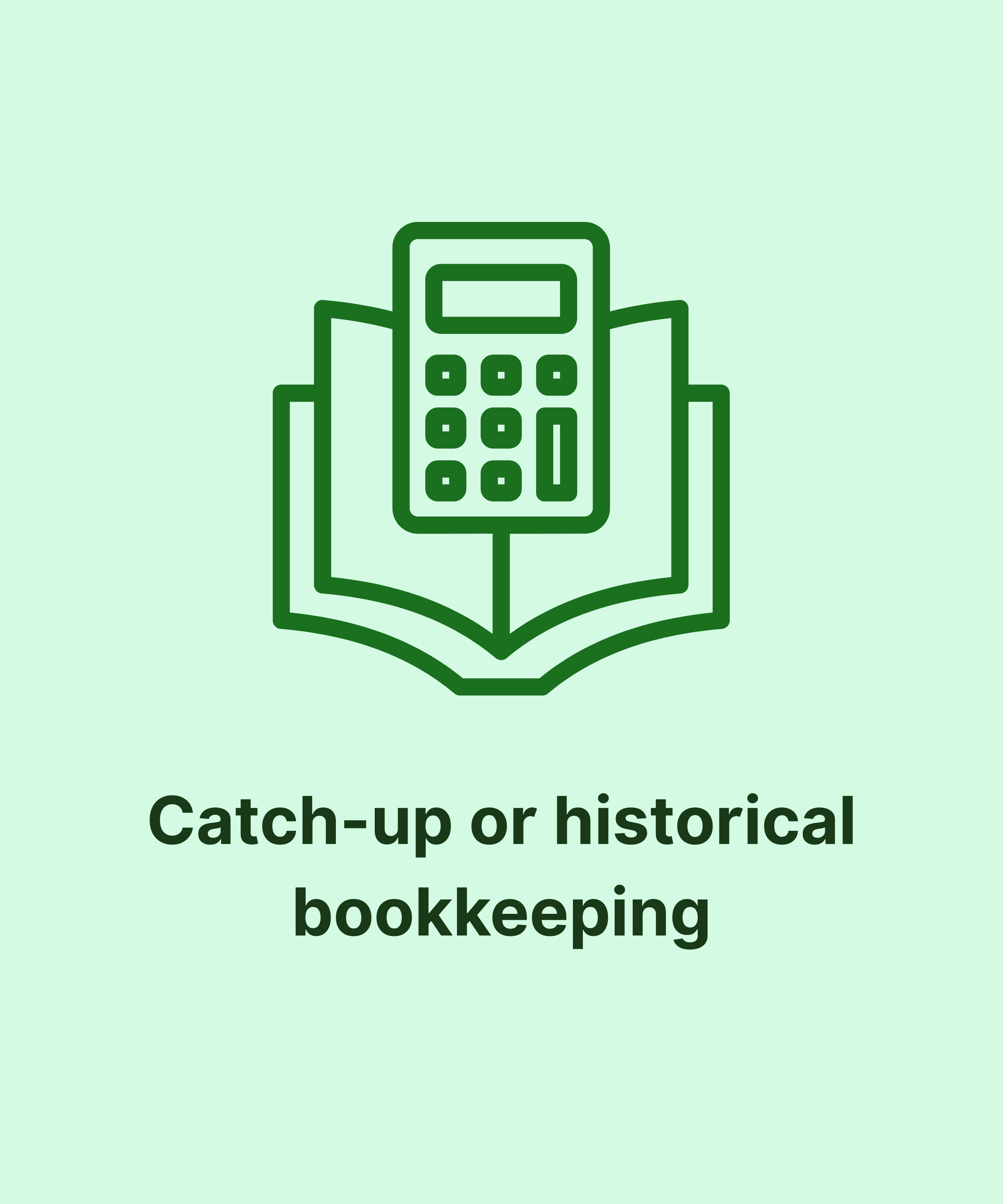 Icon of calculator on open book representing catch-up or historical bookkeeping services