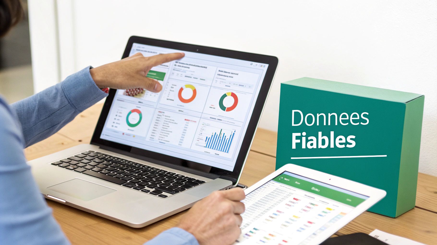 Main pointant des données fiables et des tableaux de bord sur un ordinateur portable, avec une tablette et une boîte verte.