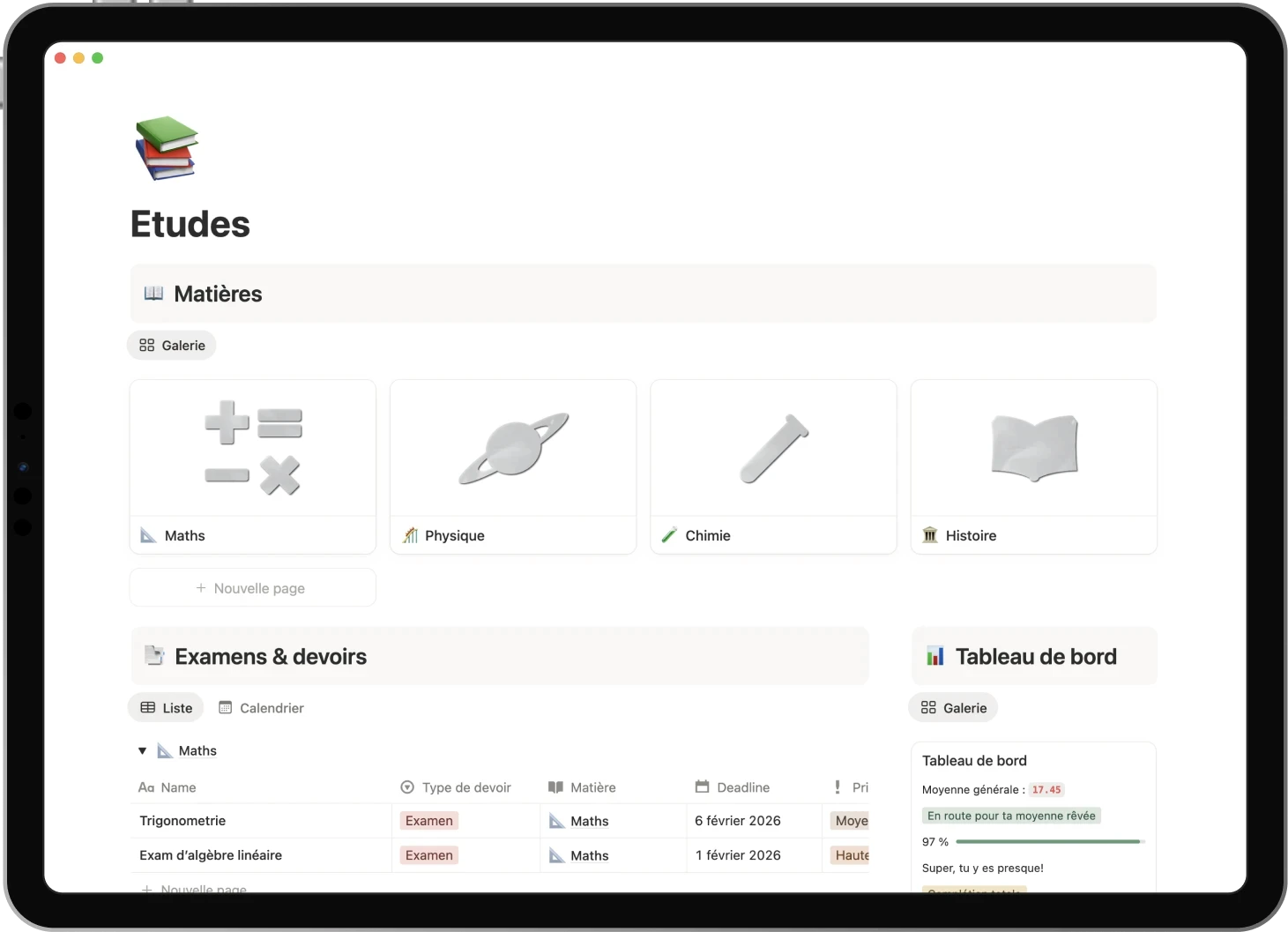 Ipad displaying the Studies template: manage exams and assignements, set your dream GPA, visualize your schedule to never miss a deadline.