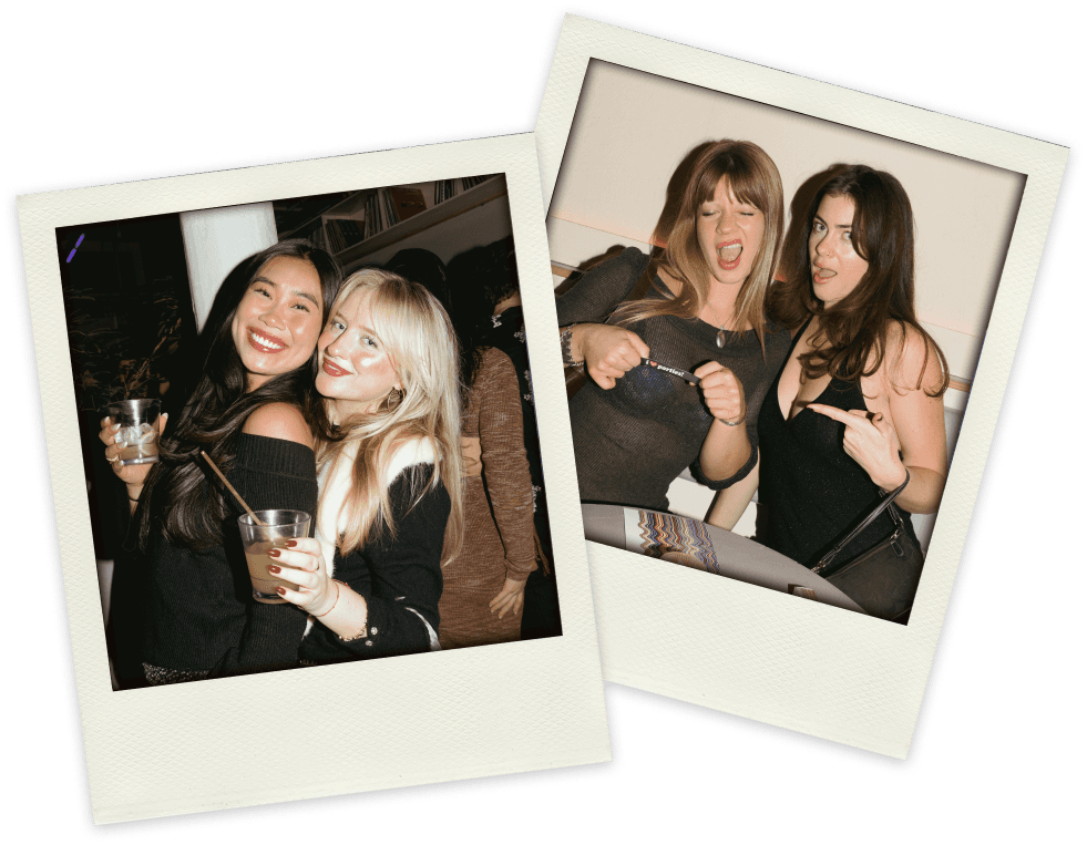 Two polaroid-style photos featuring friends at a party, smiling and enjoying themselves with a lively atmosphere.