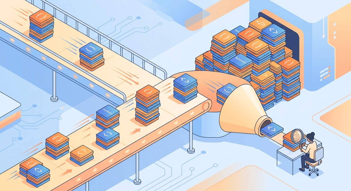 Illustration of a conveyor belt of AI-generated code piling up at a single human reviewer, showing the code review bottleneck