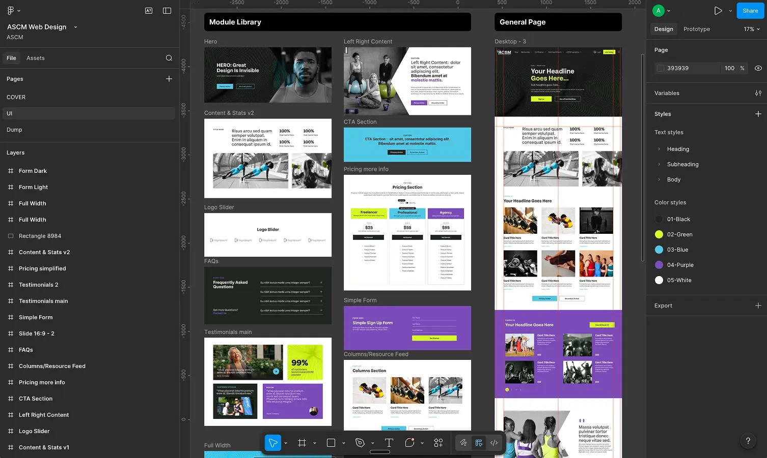 A digital design interface displaying various layouts and components for an app or website project.