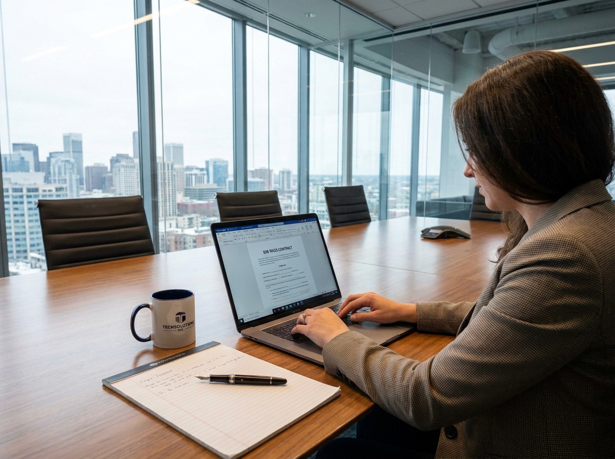 una persona creando un contrato de ventas b2b para su nuevo cliente