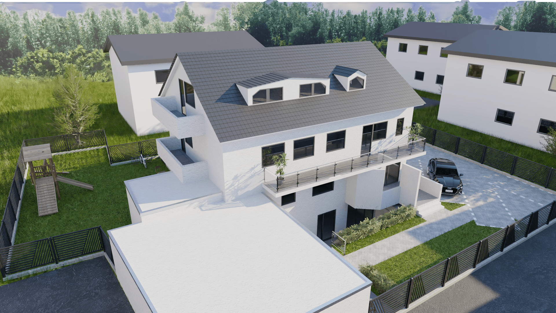 Rendering des modernen, lichtdurchfluteten Badezimmers einer Eigentumswohnung in der Petrastraße 10, Bad Salzuflen