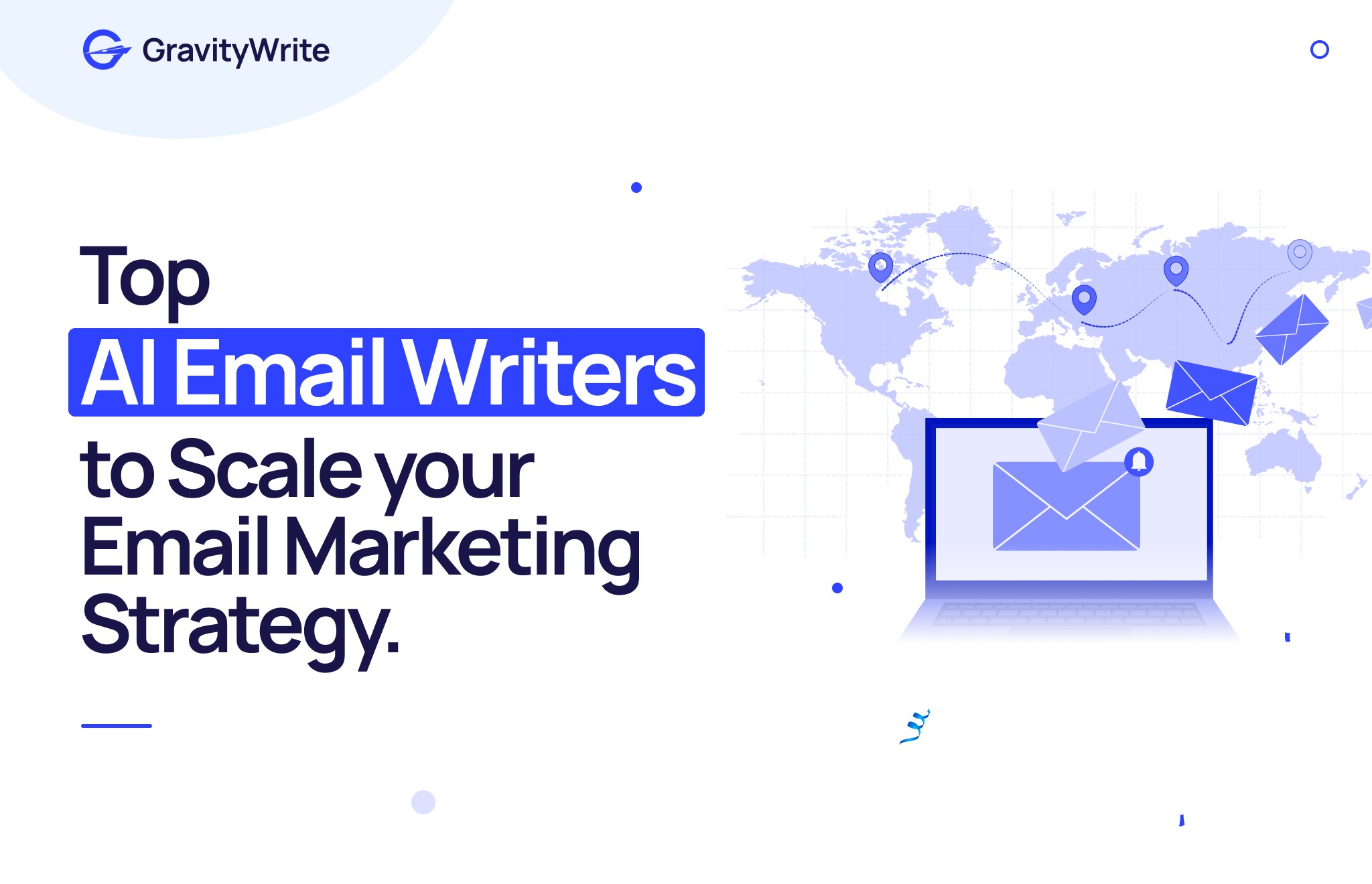 An image of a digital marketing graphic for 'Top AI Email Writers to Scale your Email Marketing Strategy' with a laptop and emails.