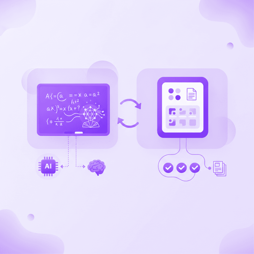 A side-by-side split-screen graphic. On the left, a vibrant, interactive whiteboard showing mathematical equations being drawn out with an AI avatar icon. On the right, a basic digital flashcard with 