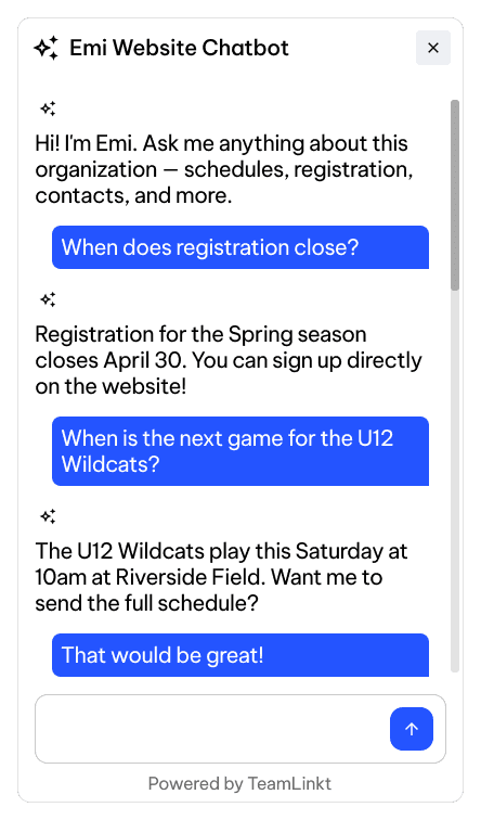 Emi AI website chatbot on a TeamLinkt sports website answering member questions about registration, schedules, and game times