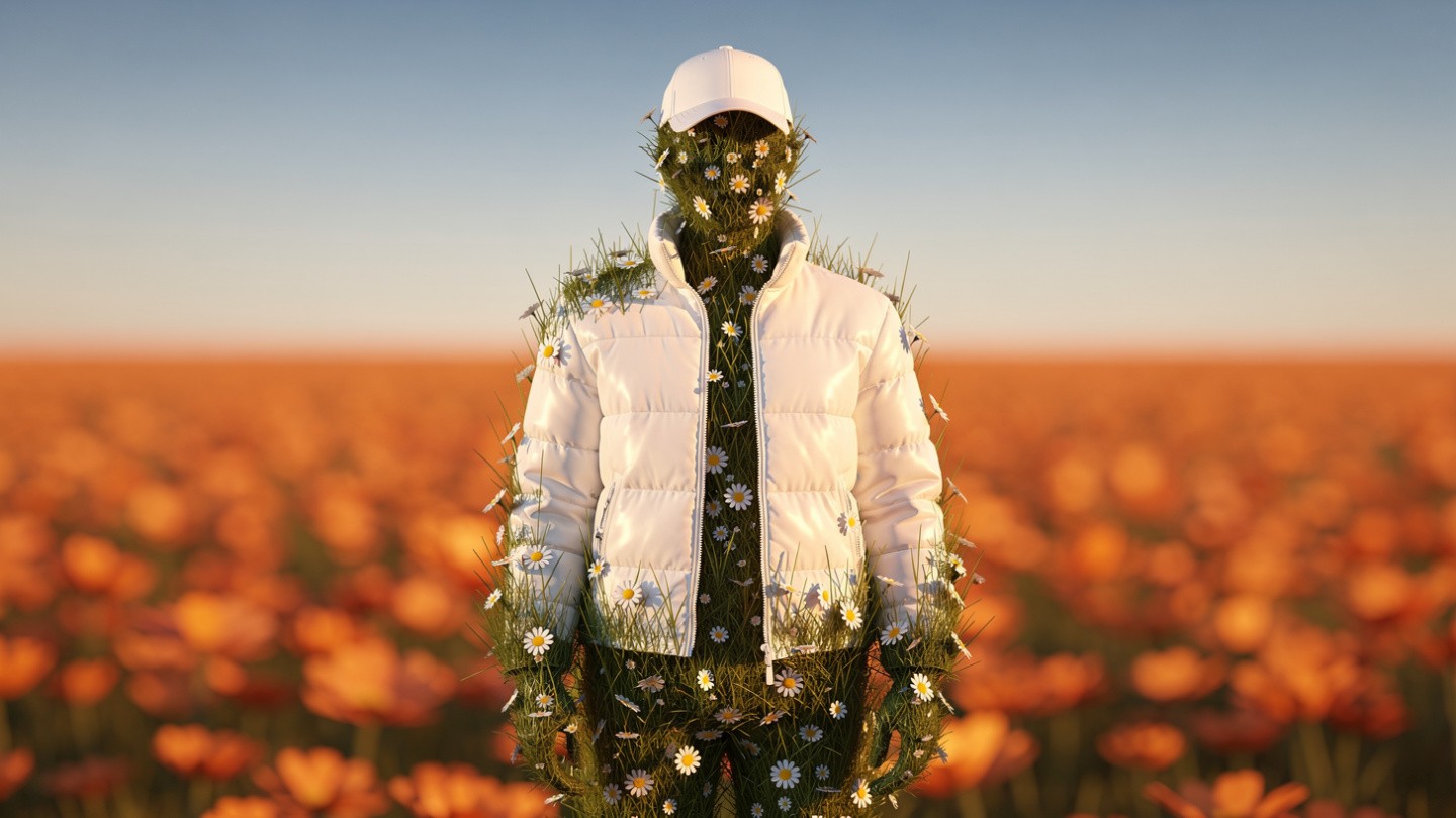 A figure in a white jacket and cap blends seamlessly into a field of orange flowers. Their face is covered with greenery and daisies, creating a surreal, peaceful scene.