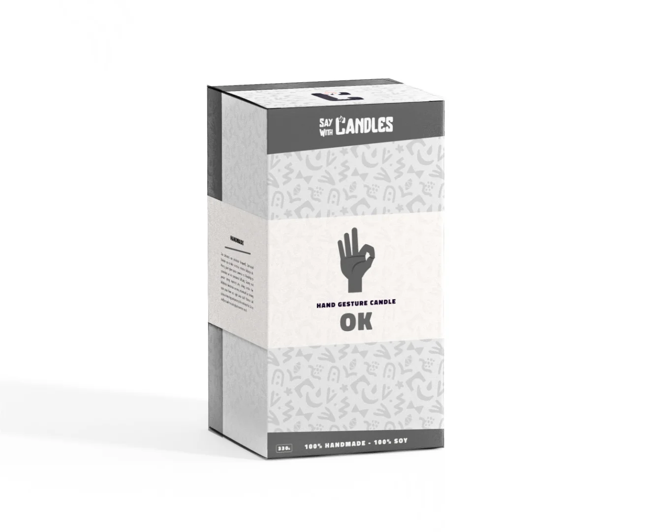 3D product mockups of two Say With Candles boxes, featuring a dark charcoal 'F*ck You' variant and a white 'OK' variant, displayed side-by-side with crisp logo lockups and vector hand icons.