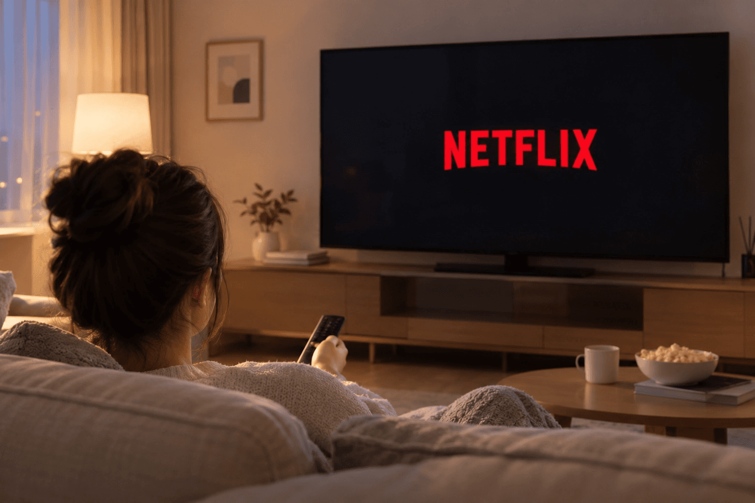어두운 저녁, 거실 소파에 앉은 여성이 리모컨을 들고 넷플릭스(NETFLIX) 메인 로고가 떠 있는 대형 스마트 TV 화면을 바라보고 있는 장면입니다.