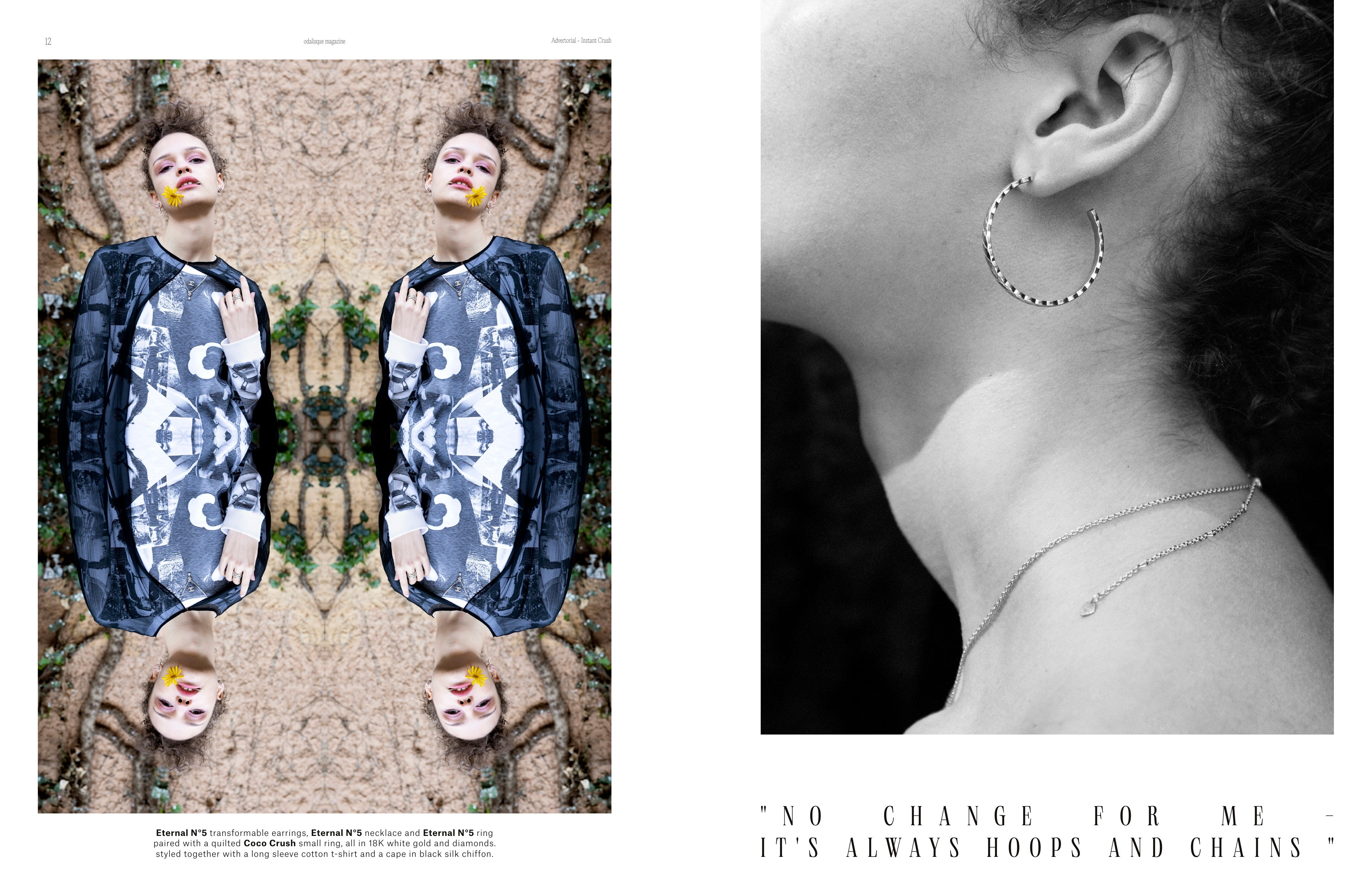 Mirrored fashion portraits and a monochrome jewellery close-up on a white spread.