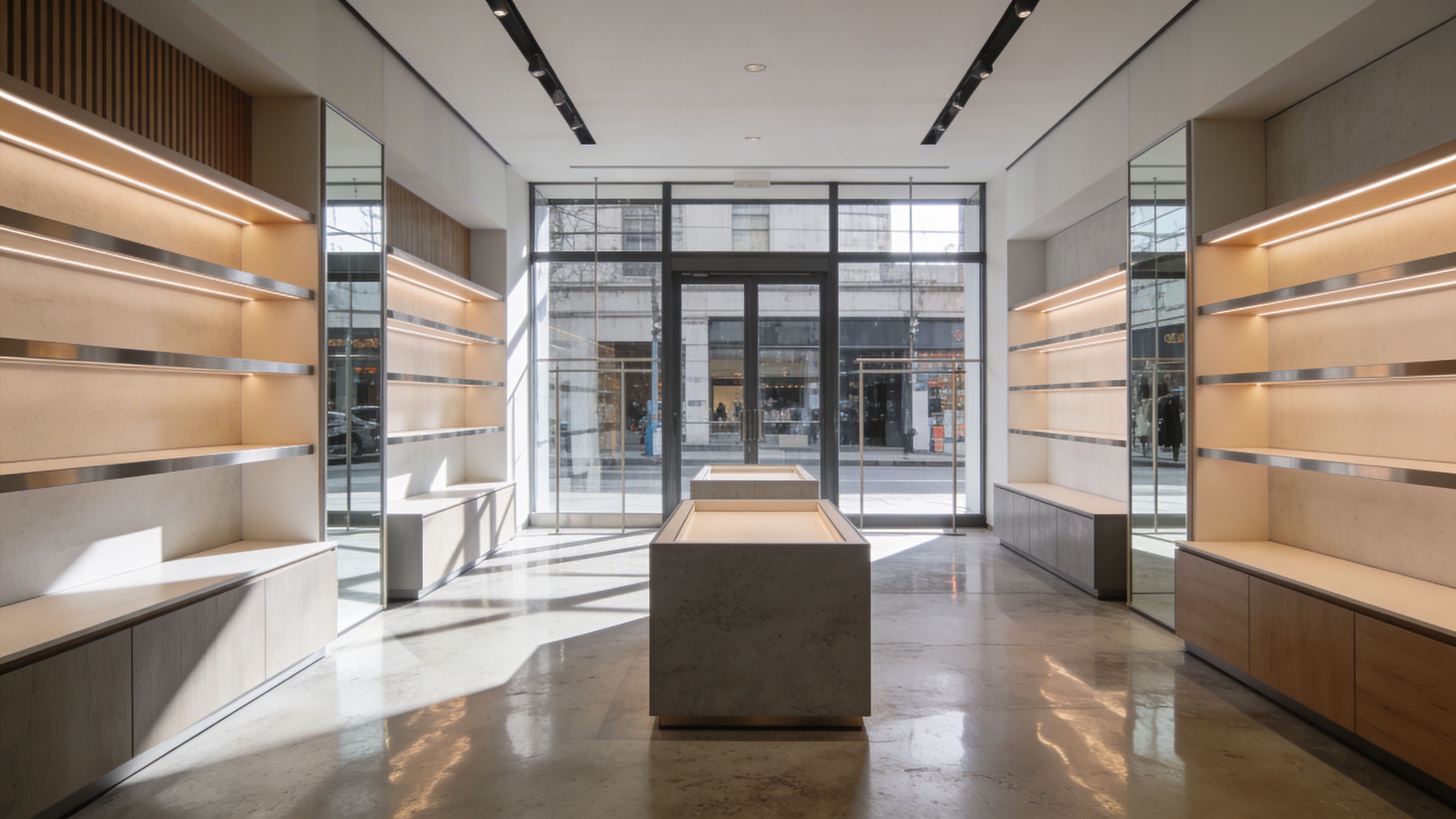Minimal retail store interior with empty display shelves, clean layout, and large glass storefront for natural light
