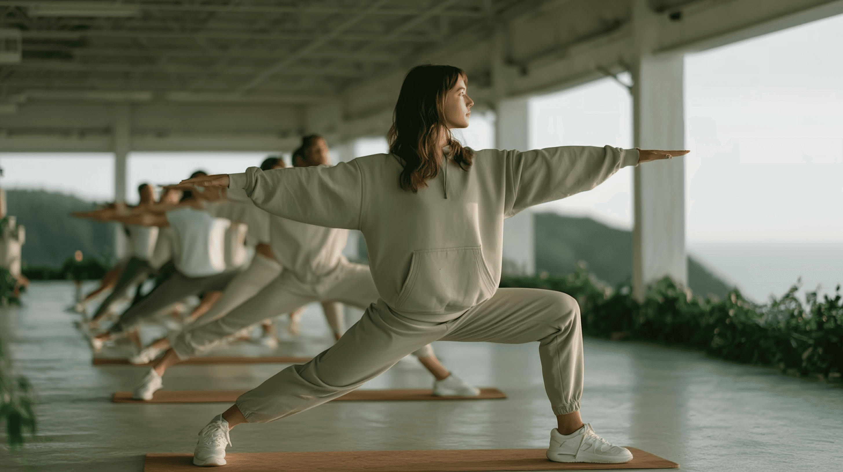 Group yoga class practicing warrior pose in a spacious studio overlooking mountains and sea views.