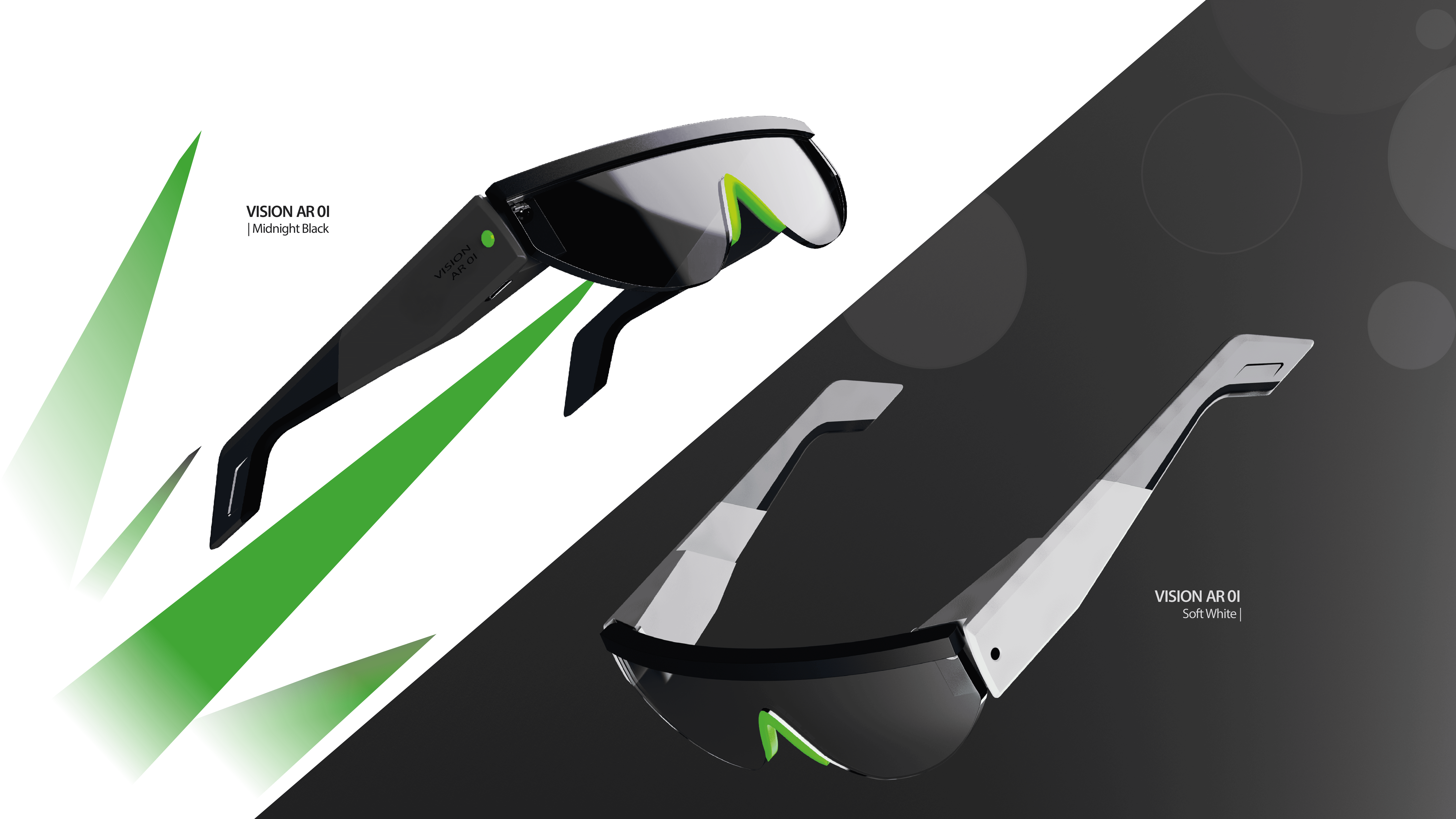 Dark and light variants of the Vision 01 AR glasses flowing through dark and light backgrounds, with dynamic visual elements in the background and titles for each version.