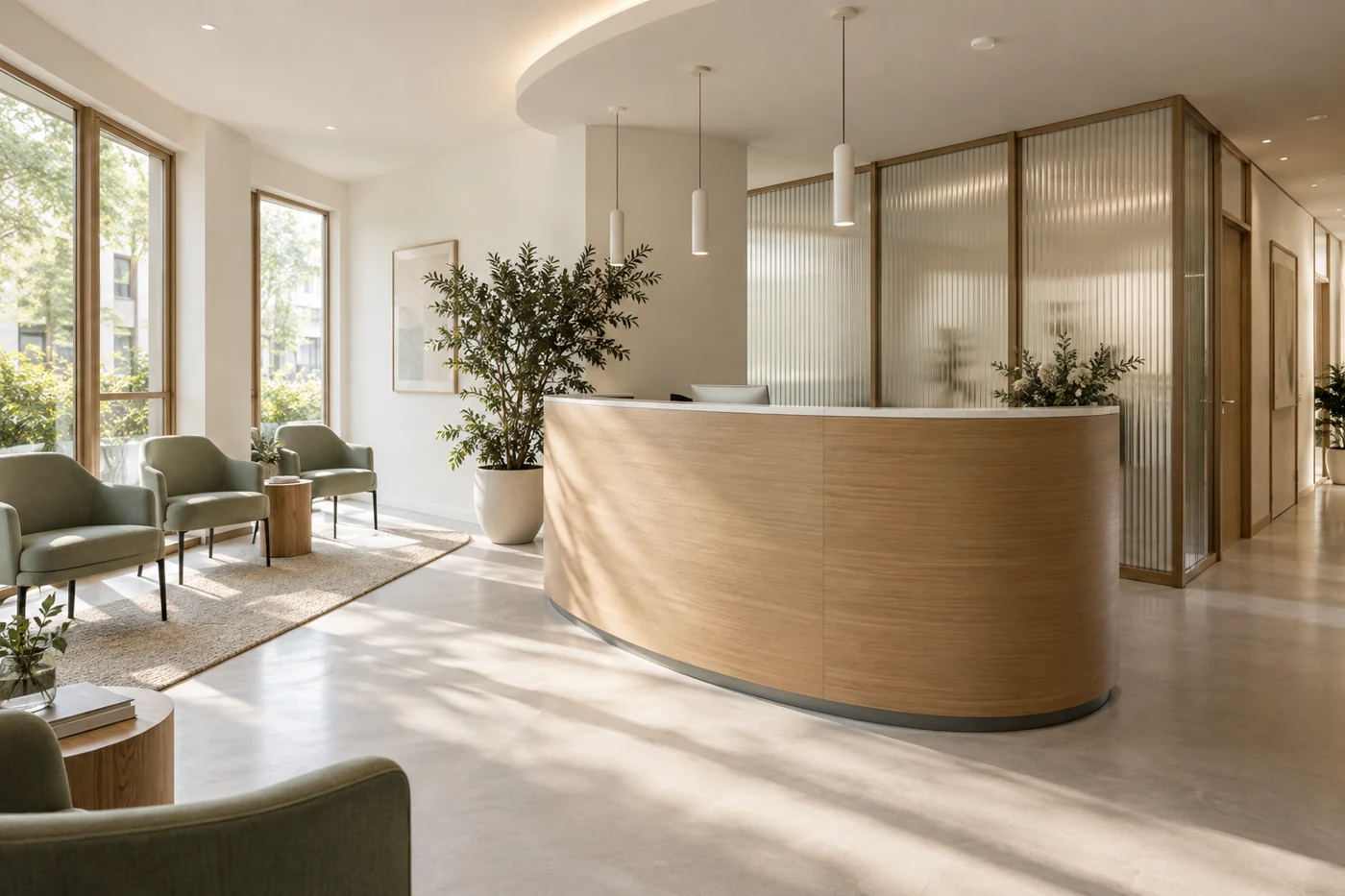 Bright reception with a curved desk and seating area.