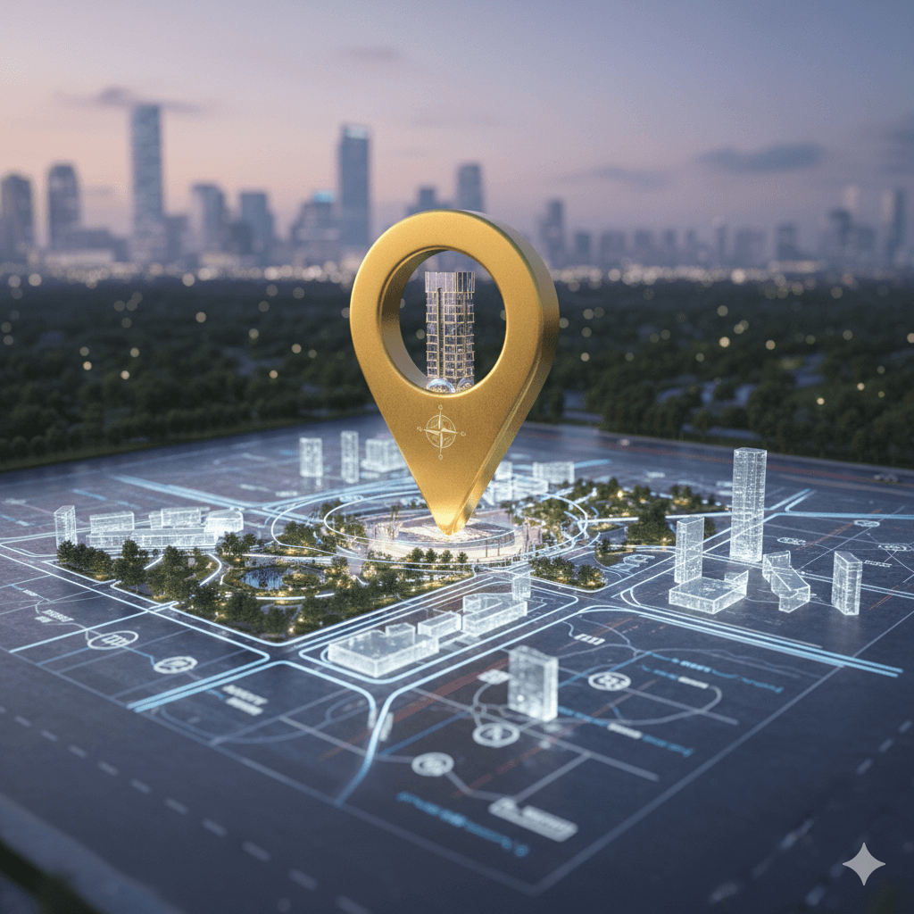 3D golden map pin locating prime commercial real estate in Sector 9 Manesar