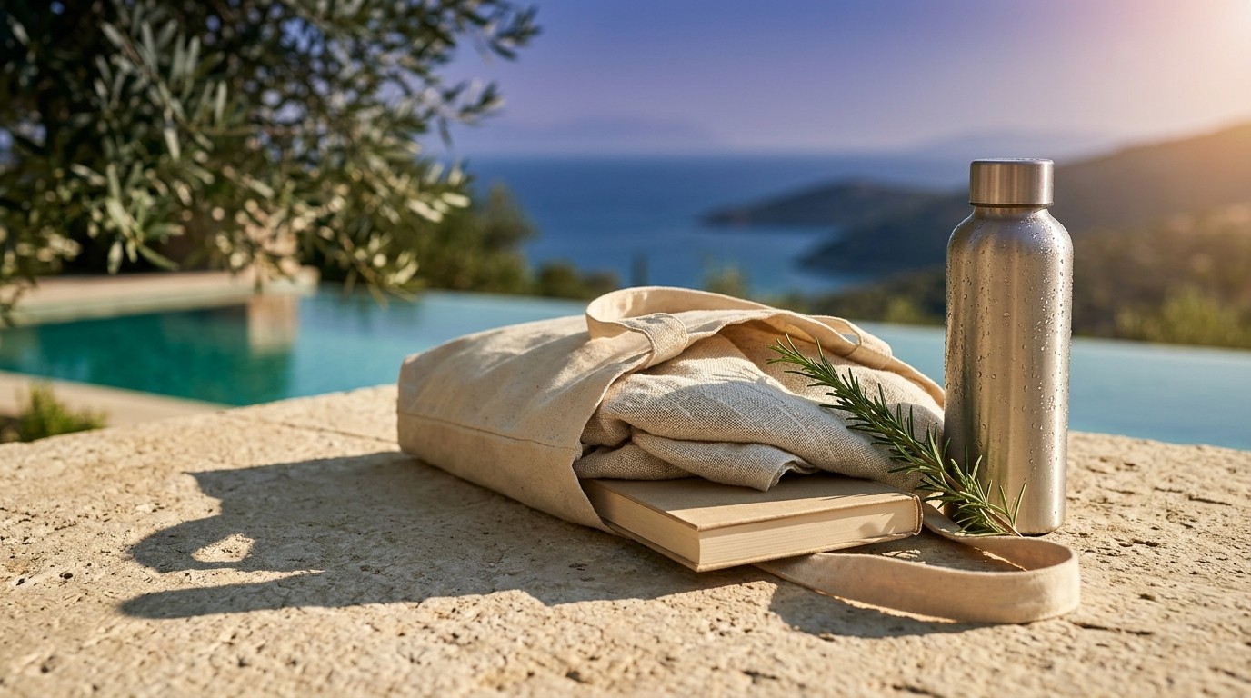 A canvas tote, steel bottle and book on a sunlit terrace table