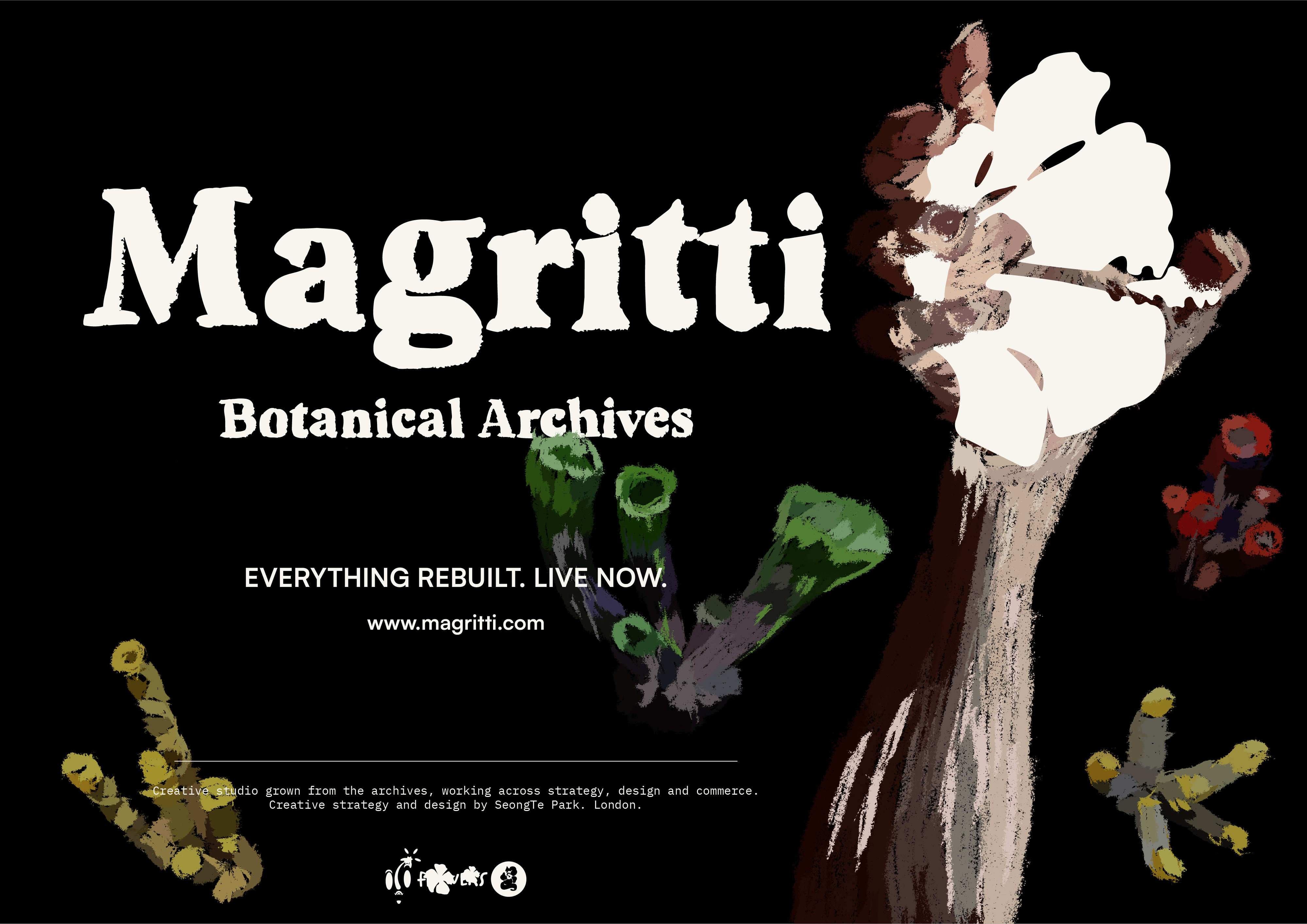 Landscape poster on black. A painted hibiscus in white and brown fills the right side, with smaller painted flower studies scattered around it. The Magritti wordmark, the line Botanical Archives, a launch line and a web address stack down the left.