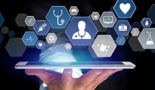 Hand holding a digital tablet with floating healthcare icons, symbolising modern digital health services and pharmacy technology