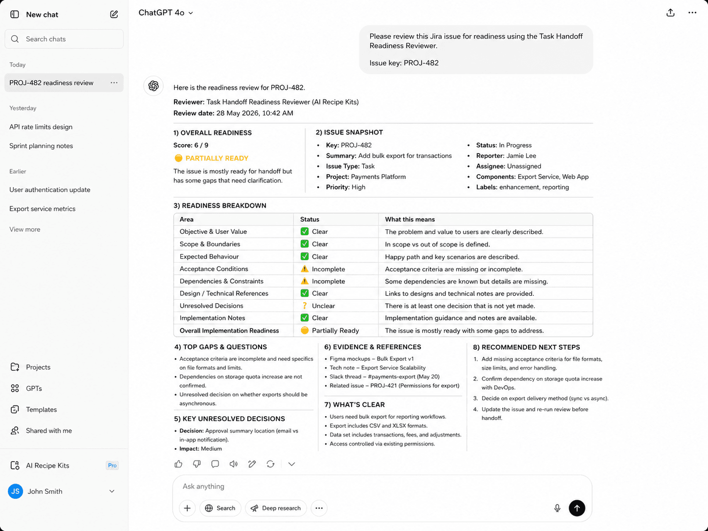 Example readiness review of a Jira issue, run in a chat interface