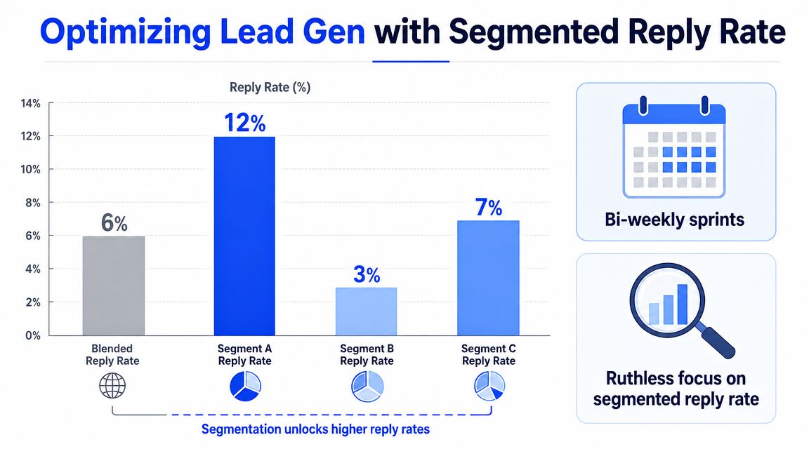 A bar chart comparing blended reply rates with segmented reply rates to optimize B2B lead generation results.