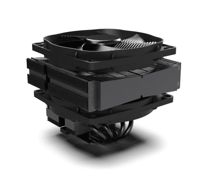 A 3D rendering of a high-performance CPU cooler with dual fans and heat-sink technology, designed for efficient thermal management in custom-built computers and gaming systems.